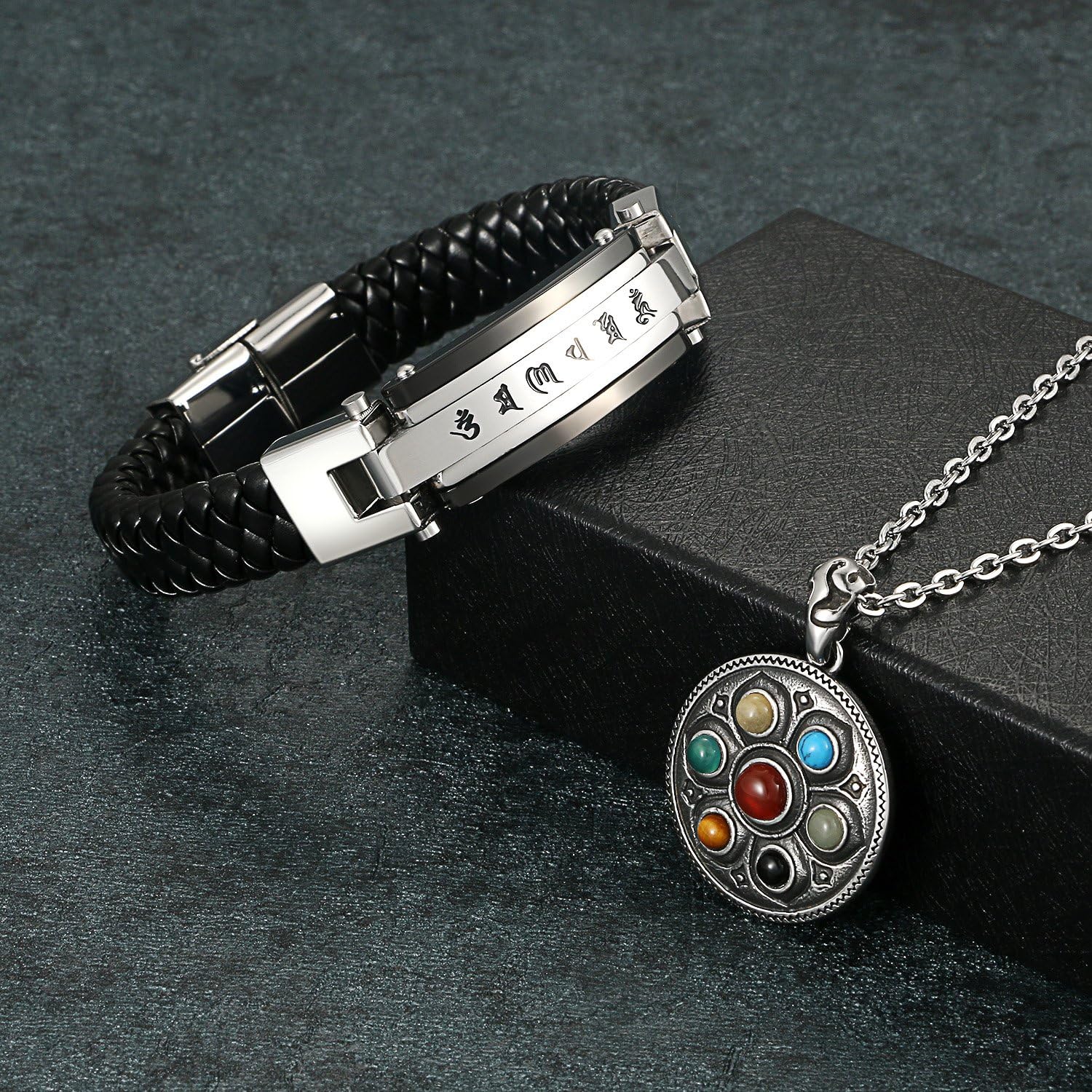 Aroncent Braided Leather Bracelet Magnetic Clasp Stainless Steel Mantra Pendant Necklace 2 Pcs Set, Black/Gold - Image 3
