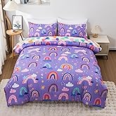 Btargot 5 Piece Dark Purple Rainbow Comforter Set for Girls Boys Kids, Queen Size Cartoon Love Hearts Flowers and Sun Star Bedding Set, Bed in a Bag with Comforter, Sheets and Pillowcases