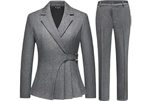 TRONSTORE Women's Pants Suit Solid Jacket 2 Piece Set Irregular Blazer Suit Business Casual