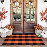 Orange and Black Plaid Rug, 28'' x 43'' Fall Outdoor Front Door Decor Mat, Cotton Washable Hand-Woven Rug for Layered Doormat, Autumn Halloween Thanksgiving Carpet for Porch, Entryway