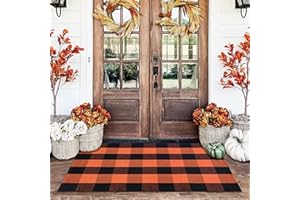 HOMYDECOR Orange and Black Plaid Rug, 28'' x 43'' Fall Outdoor Front Door Decor Mat, Cotton Washable Hand-Woven Rug for Layered Doormat, Autumn Halloween Thanksgiving Carpet for Porch, Entryway