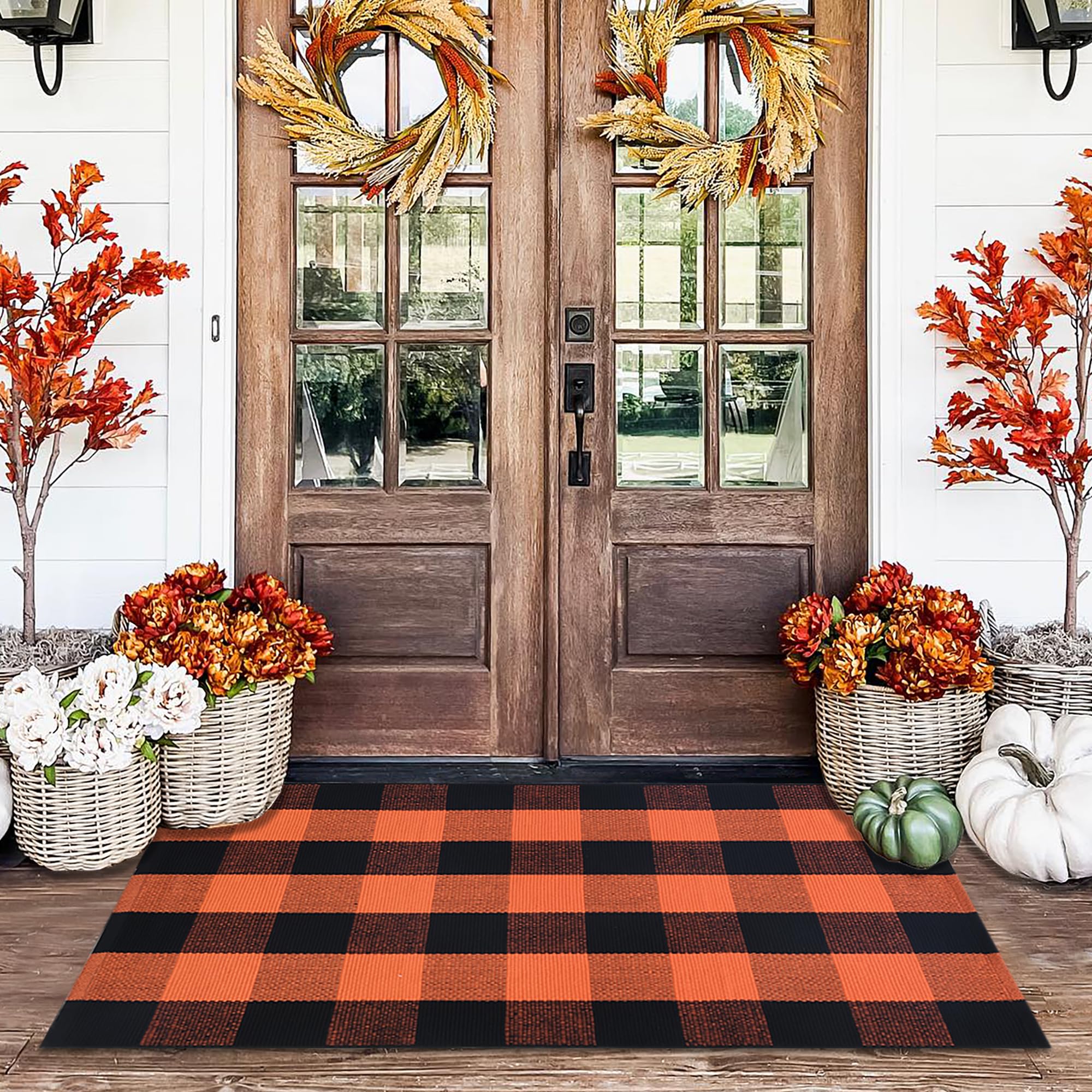 Photo 1 of Orange and Black Plaid Rug, 28'' x 43'' Fall Outdoor Front Door Decor Mat, Cotton Washable Hand-Woven Rug for Layered Doormat, Autumn Halloween Thanksgiving Carpet for Porch, Entryway