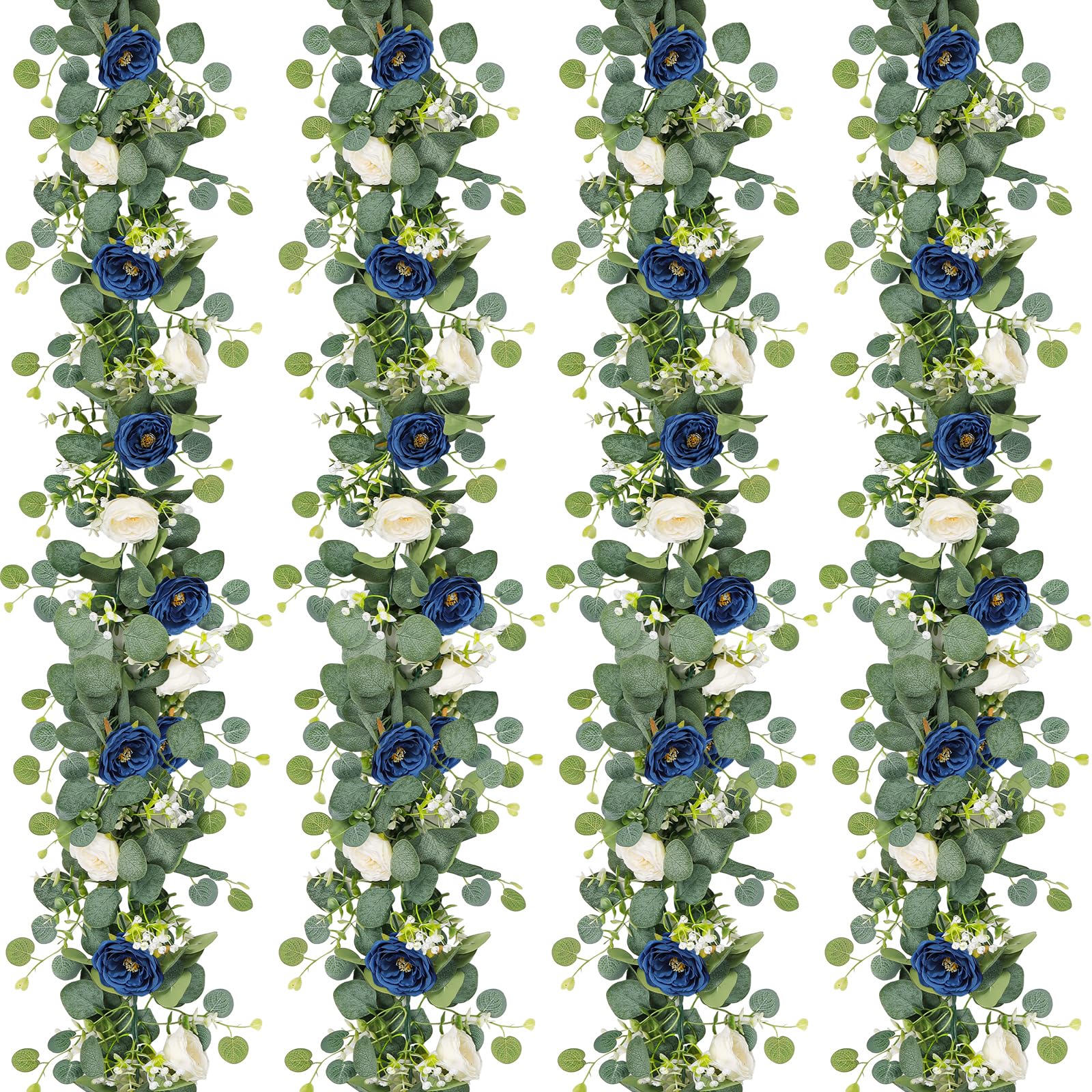 UXORSN 4PCS 24FT Artificial Eucalyptus Flower Garland with Navy Blue and White Roses Fake Flowers Greenery Garland Faux Gypsophila Floral Vines for Wedding Party Home Table Runner Decor