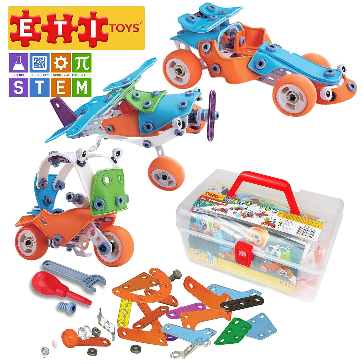 Gift Toy For 8 Creative Skills Development Eti Toys Racecar More 9 10 Year Old Boys And Girls 132 Piece Lil Engineers Build Play 5 Vehicle Building Blocks Bulldozer Stem