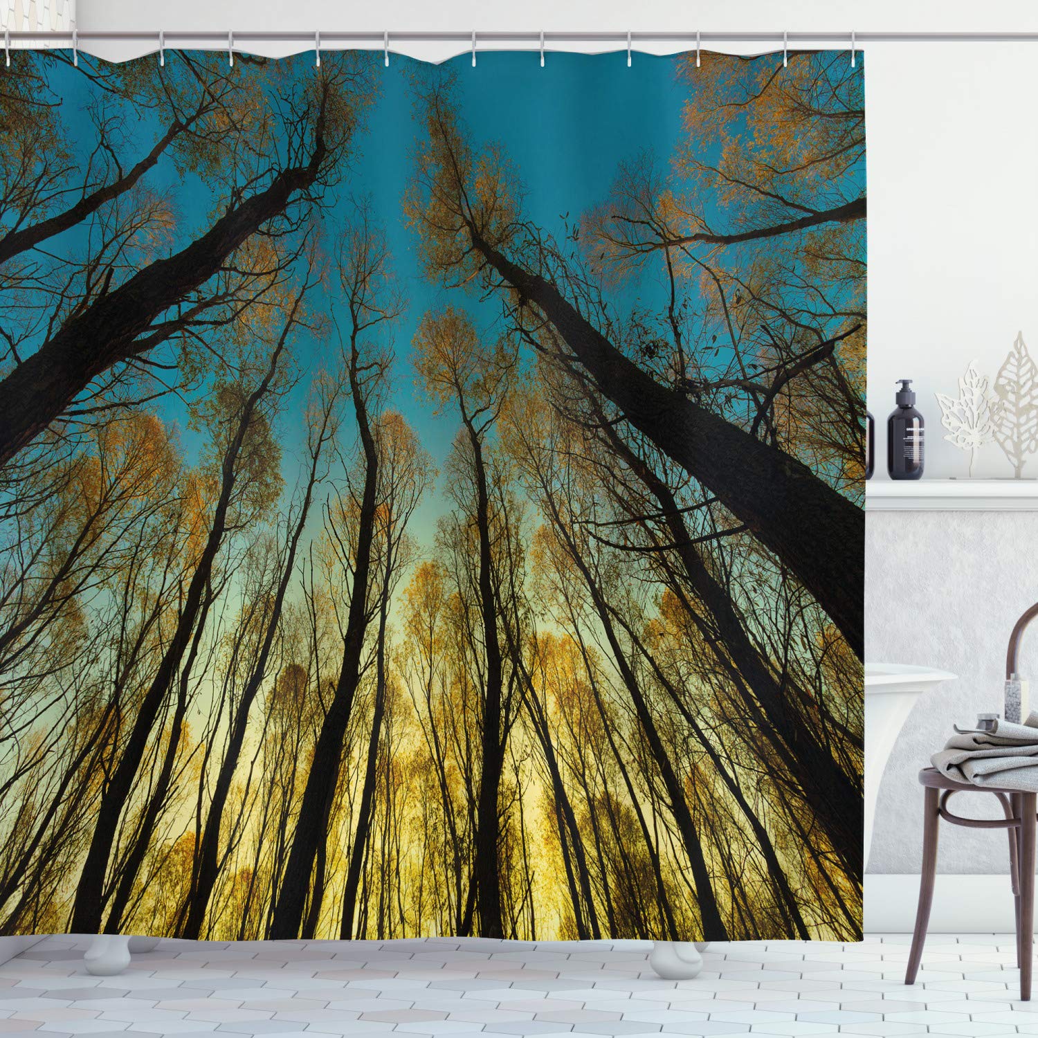 ABAKUHAUS Forest Shower Curtain, Rural Scenery with Trees Reaching out to Sky at Sunrise Nature Pastoral Image, Cloth Fabric Bathroom Decor Set with Hooks, 70 Inches, Yellow Blue Black