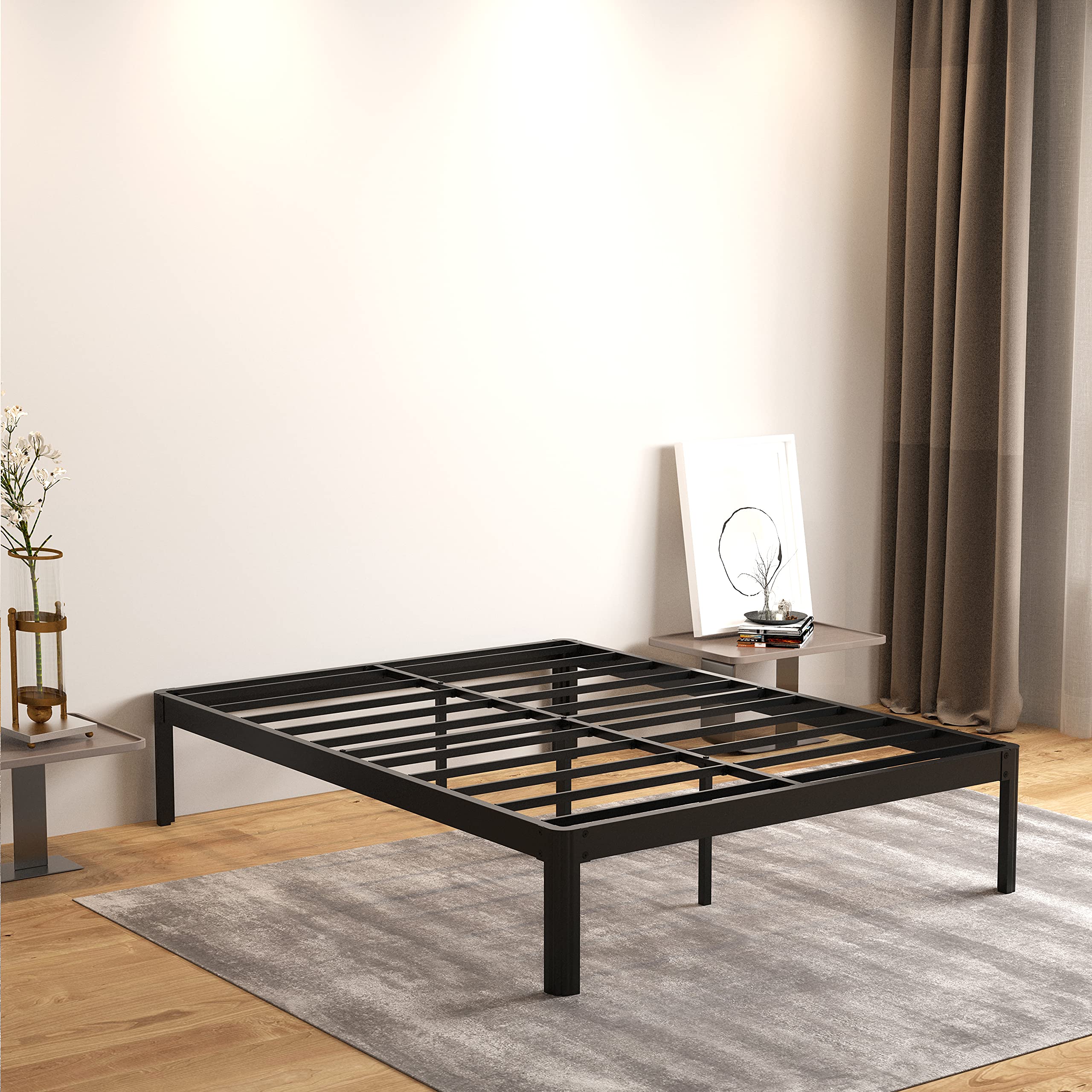 COMASACH Queen Size Bed Frame with Round Corner and Cylinder-Shaped Leg, 3500 lbs Heavy Duty No-Slip Metal Bed Frames No Box Spring Needed, 14 inch Noise Free Mattress Foundation, Black