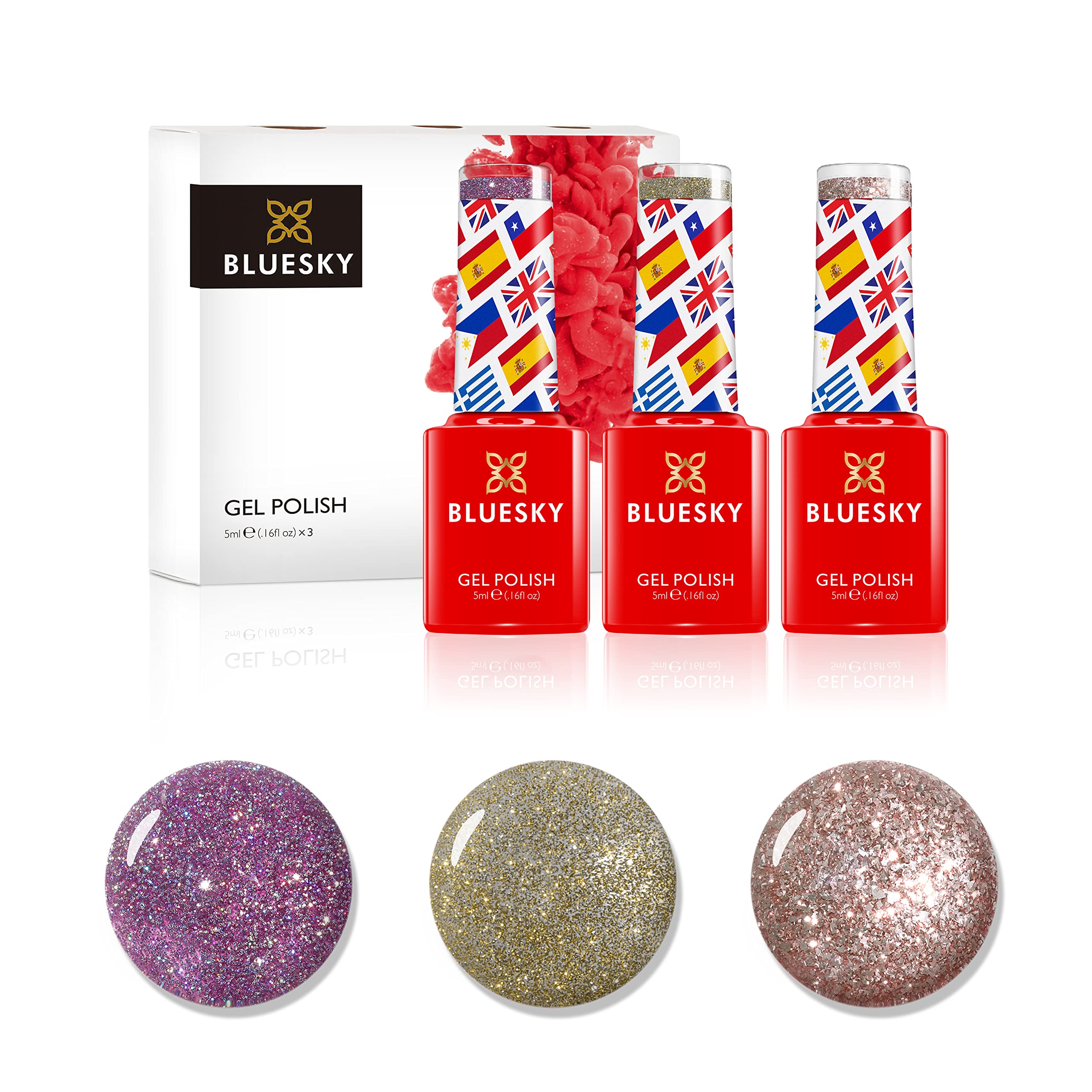Bluesky Gel Nail Polish Set, 10 Year Anniversary Collection, Set 3, 3 x 5 ml, Pink, Mauve, Nude, Pastel, Fine Glitter (Requires Curing Under UV or LED Lamp)