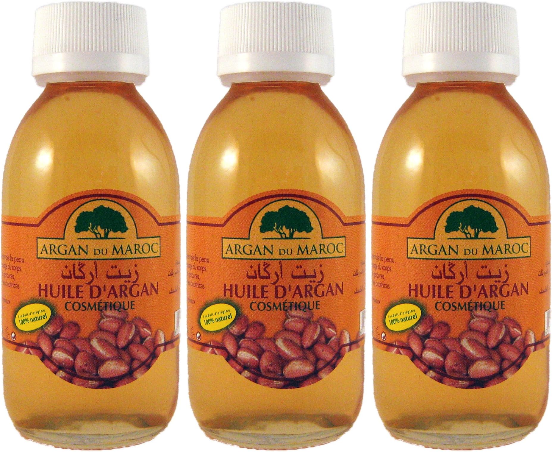 Set of Three Pure Cosmetic Argan Oil (Aceite De Argan - Huile Dargan) From Morocco, 100% Natural, 4.22 Oz / 125 Ml Each Total 12.65 Oz 365 Ml. 3 Glass Bottles. Shipped From Spain, First Class Oil