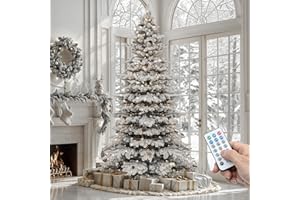 YITAHOME Pre-Lit Mountain Pine Flocked Christmas Tree with Remote, 7.5FT Pre-Decorated Hierarchical Tower Flocked Christmas Tree, 1278 Branch Tips, 550 Lights, 55 Pine Cones for Party Home Deco