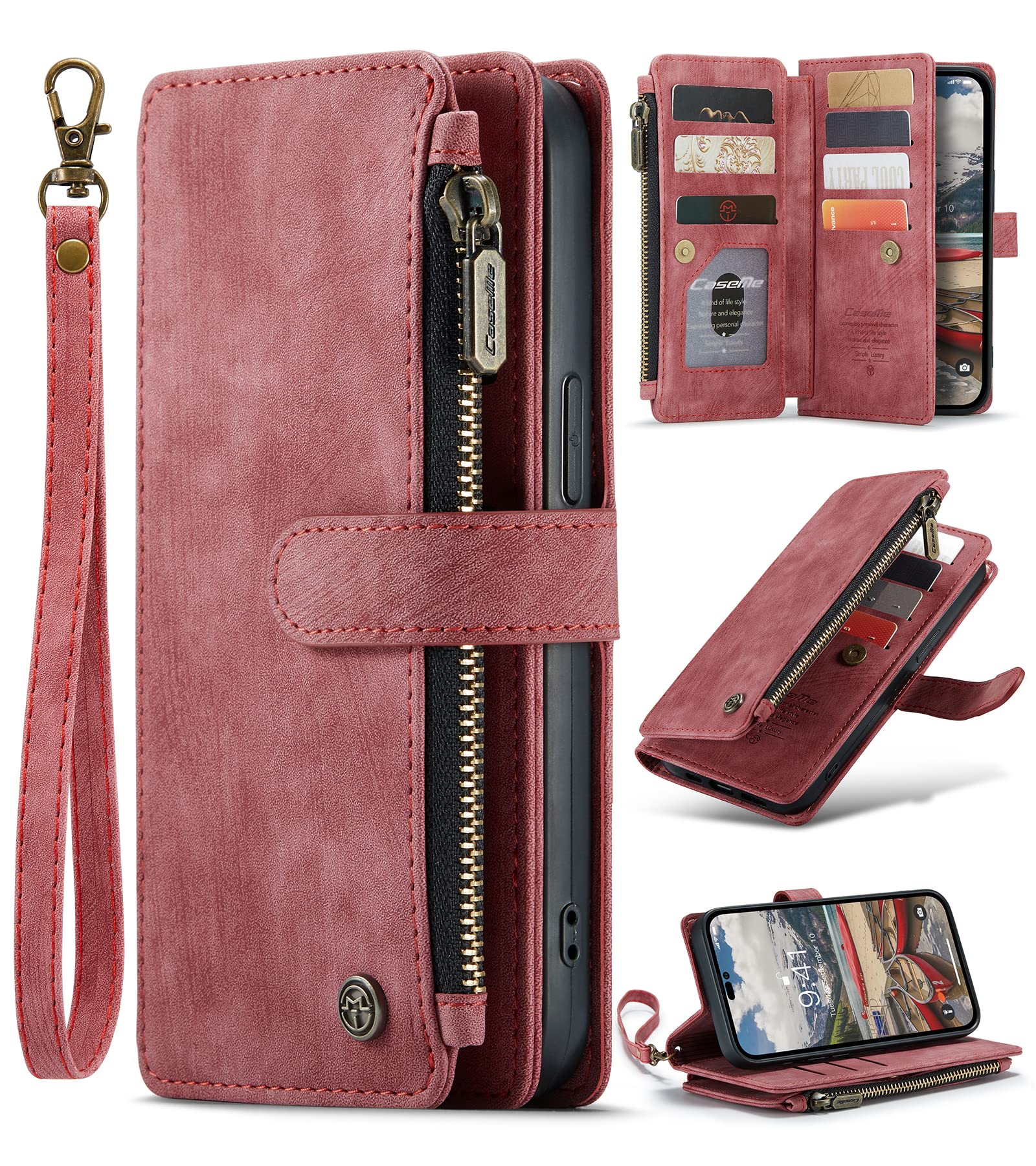 ANROD Wallet Case for iPhone 14 Pro Max,PU Leather Flip Magnetic Closure Shockproof Zipper Purse Cover for iPhone 14 Pro Max,with Card Slots (Red)