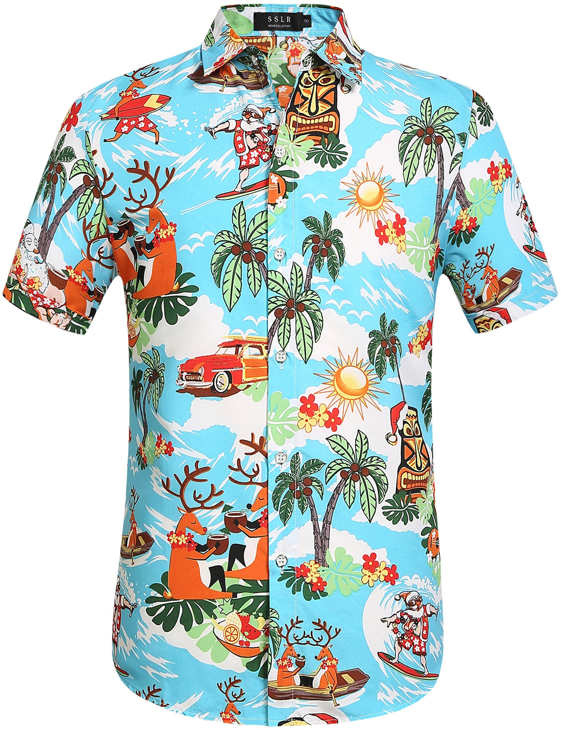 Photo 1 of SSLR Christmas Shirts for Men, Santa Claus Party Ugly Funny Family Vacation Hawaiian Shirt (3X-Large, Bright Blue)