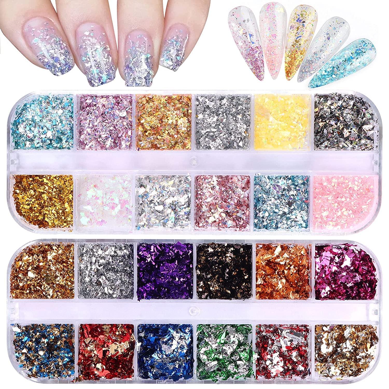 EBANKU 2 Boxes Nail Art Foil Flakes Nail Sequins Glitter Holographic Gold Silver Irregular Paillette, Colorful Confetti Mirror Effect Acrylic Flakes for DIY Nail Art Decoration