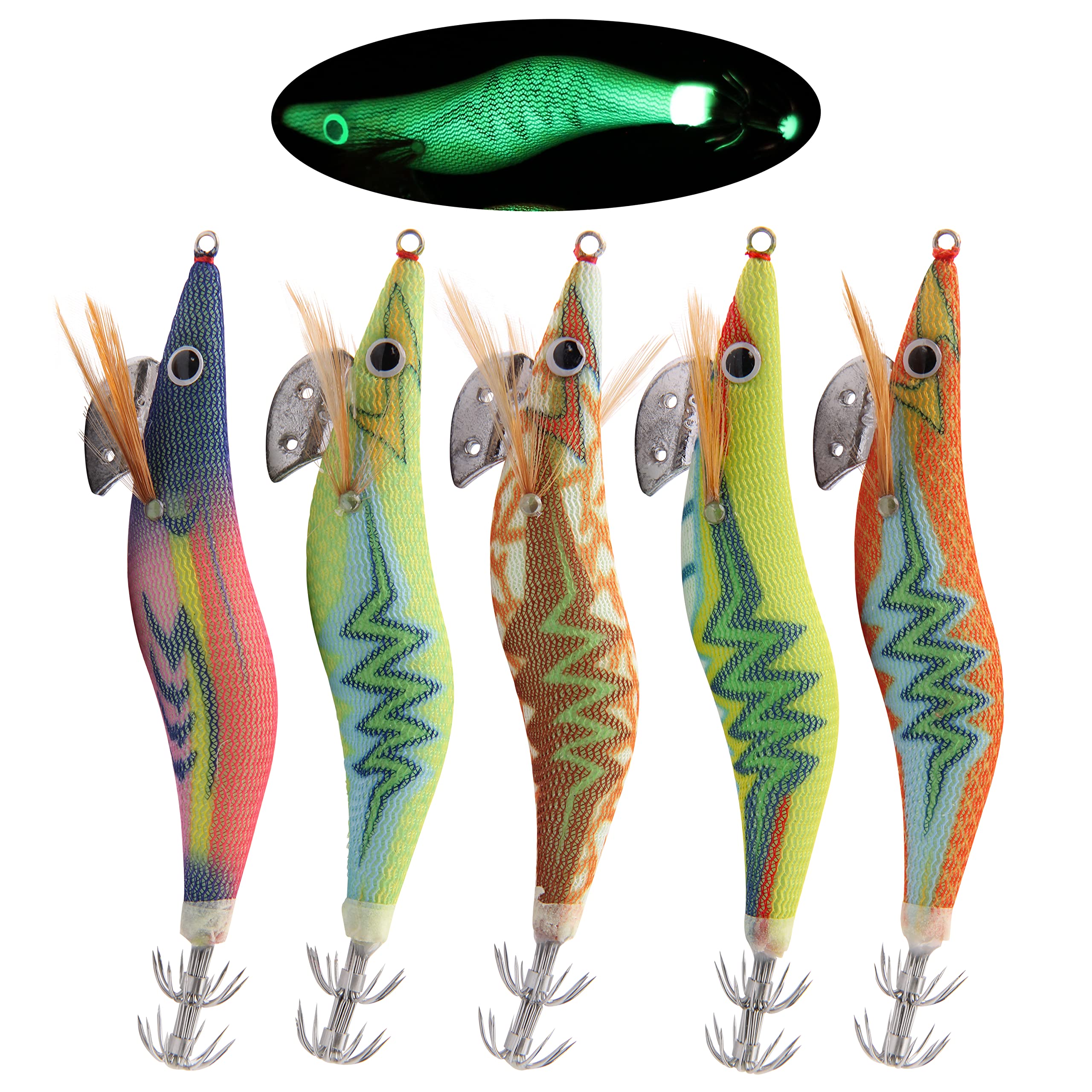 Fishing Squid Lures Kit Luminous Squid Jigs Shrimp Prawn Lures Set 5pcs Octopus Artificial Baits Assorted Colors for Freshwater Saltwater Fishing Tackle(3.0#-12cm-5pcs)