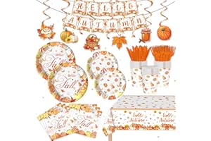 XUELIREN 123PCS Thanksgiving Autumn Party Supplies Autumn Pumpkin Tableware Set with Tablecloth and Banner for Friendsgiving Party Decoration Suitable for 20 Guests