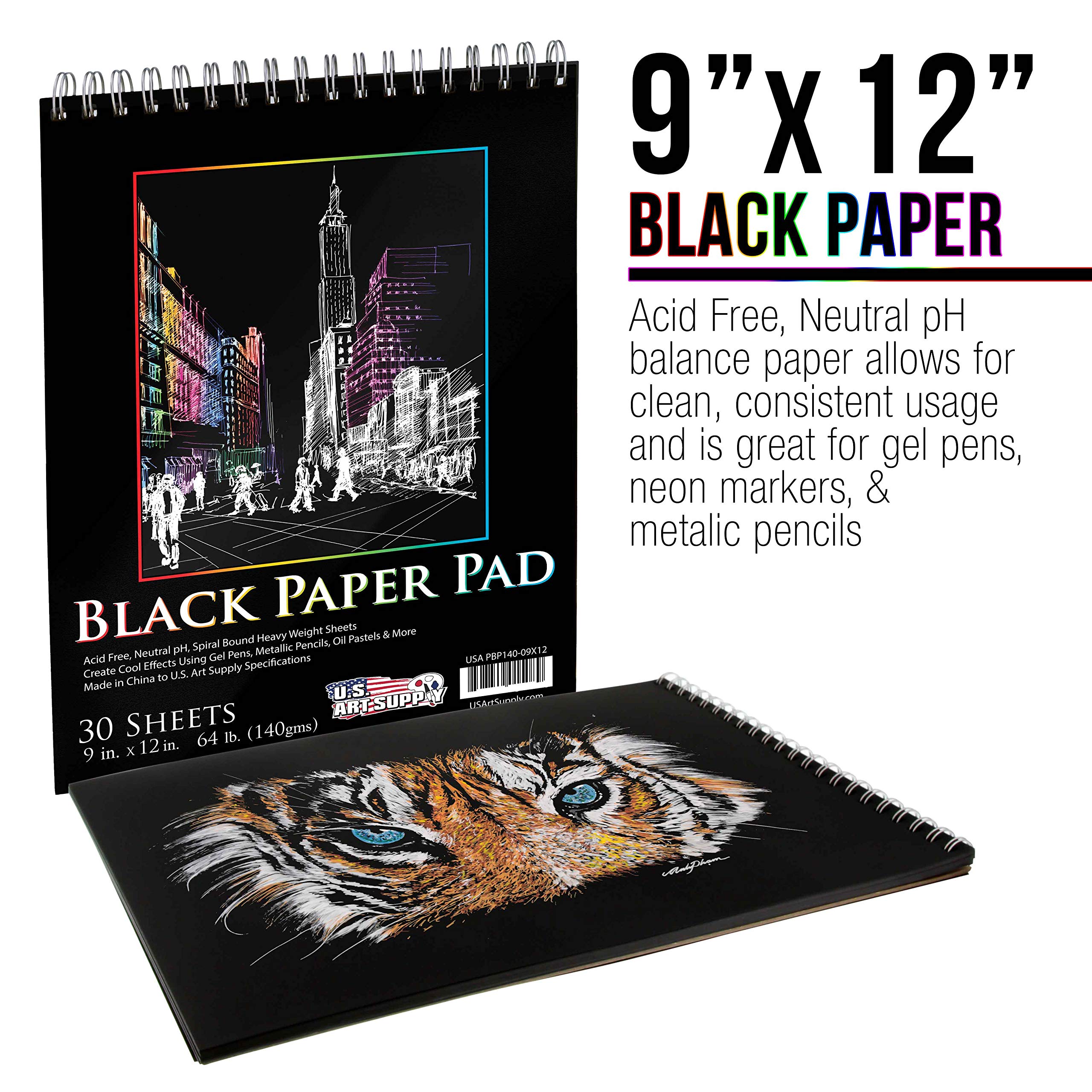 U.S. Art Supply 9x12 Premium Heavy-Weight Black Paper Sketchbook, 64lb (140gsm), 2 Pack, 30 Sheets, Spiral Bound, Black Paper Notebook for Colored Pencil, Markers, Oil Pastels, Chalk, Charcoal