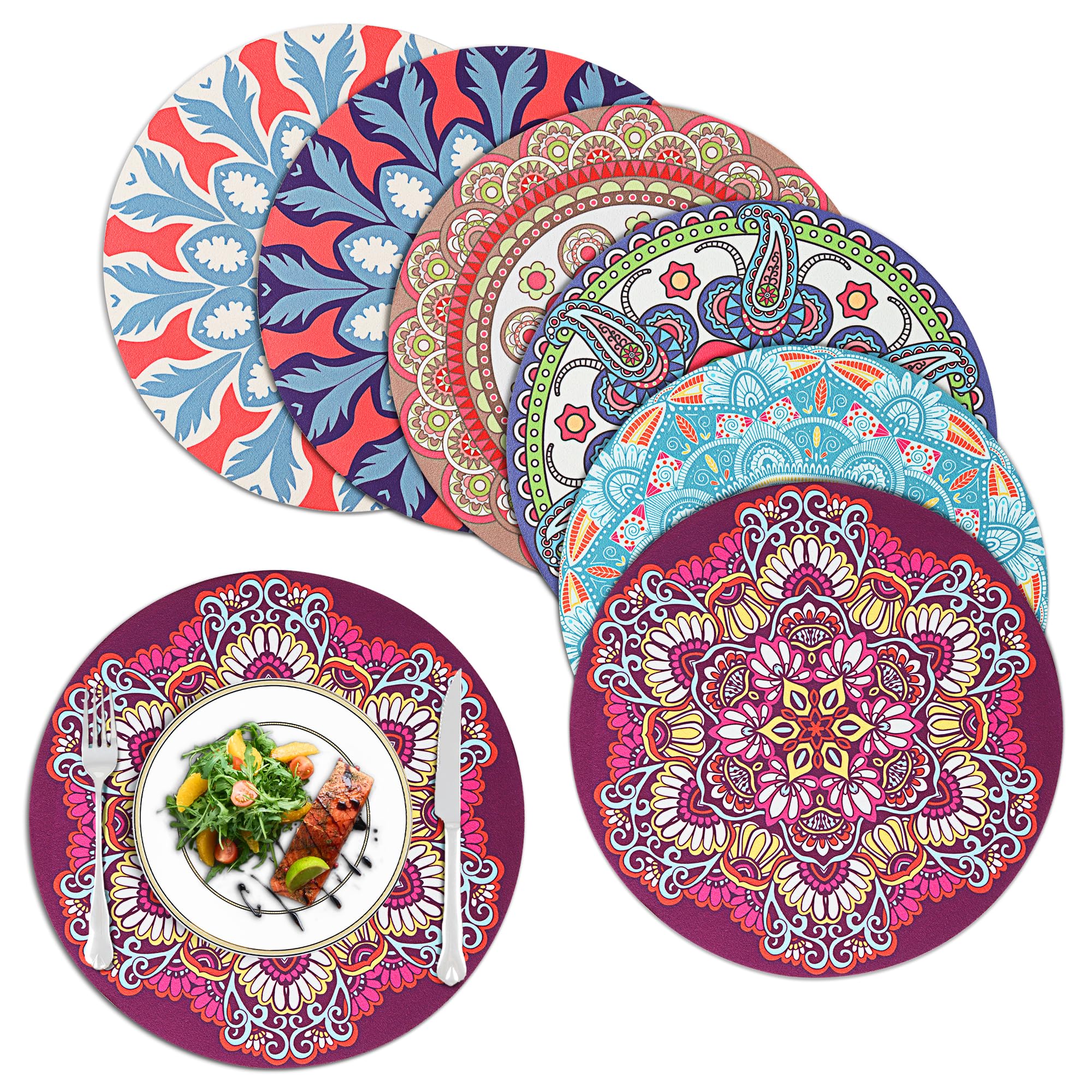 fanquare Placemats and Coasters Set of 6, Round Mandala Place Mats, Heat Insulation Placemats Washable Non-slip Rubber Table Mats for Dinner Table Kitchen