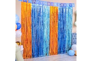 LOLStar Blue Dog Party Decorations, 2 Pack Dog-Themed Birthday Party Supplies, 3.3x6.6 ft Orange Blue and Light Blue Tinsel Photo Booth Props Streamer Photo Backdrop for Kids Boys Girls Party Decor