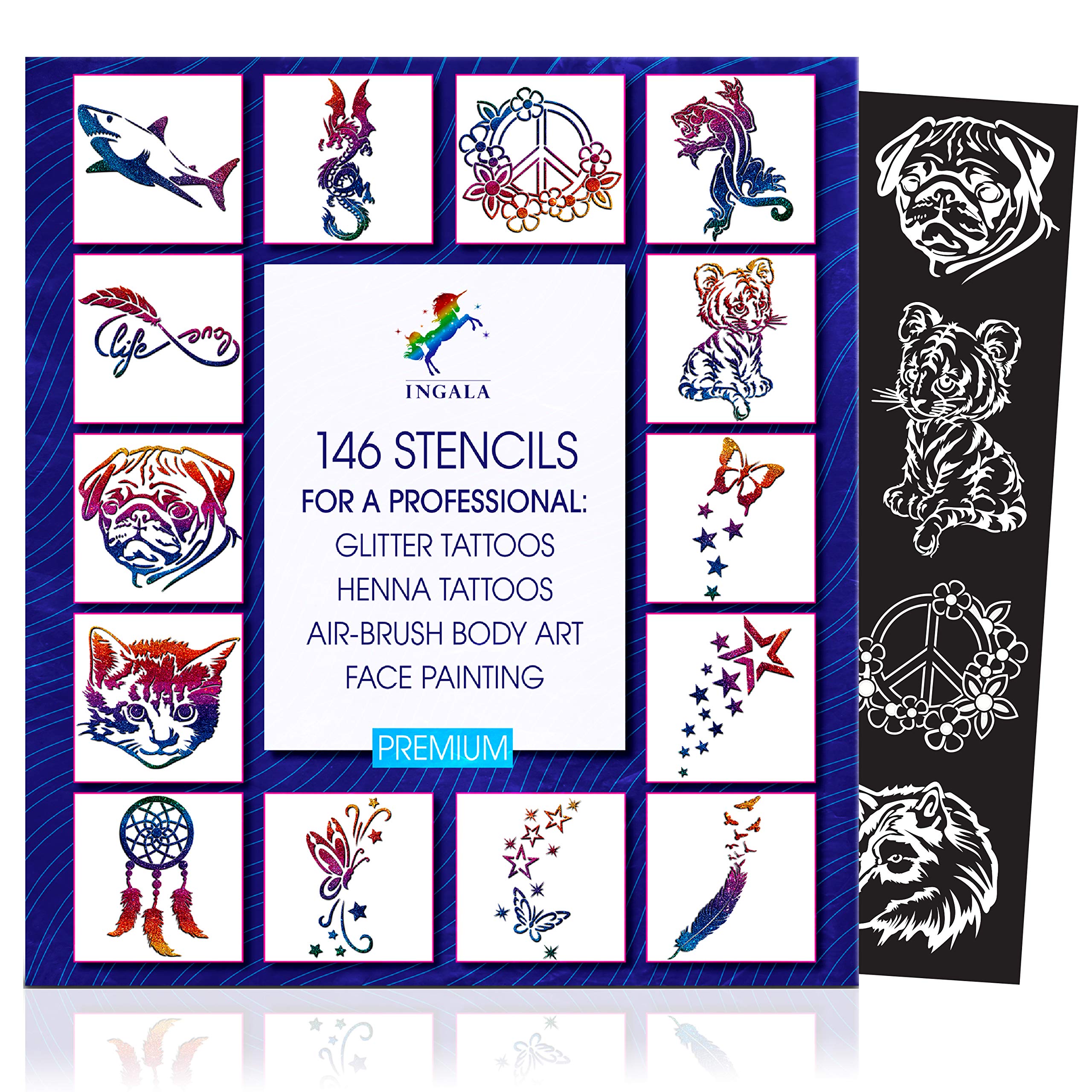 Stencils Set for Temporary Tattoos, 146 Glitter Tattoo Stencils for Kids, Stenciles Kit for Glitter Tattoos for kids, Teens and Adults, Henna Tattoo Stencils, 5-10 Year Old Girl Gifts