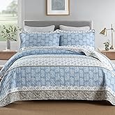 AJOCCI Cotton Quilts Queen Size, Blue Comforter Set, Farmhouse Striped Bedspreads Queen Size,Bohemian Bedding Comforter Sets,All Seasons 3 Pieces