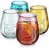 Glaver's Stemless Wine Glasses Set of 4 – 21oz Assorted Colored Wine Tumblers– Unique Embossed Logo, Vintage Cute Wine Glasses for, Beer, Juice, Cocktails, Fresh Drinks, Beverages, and more.