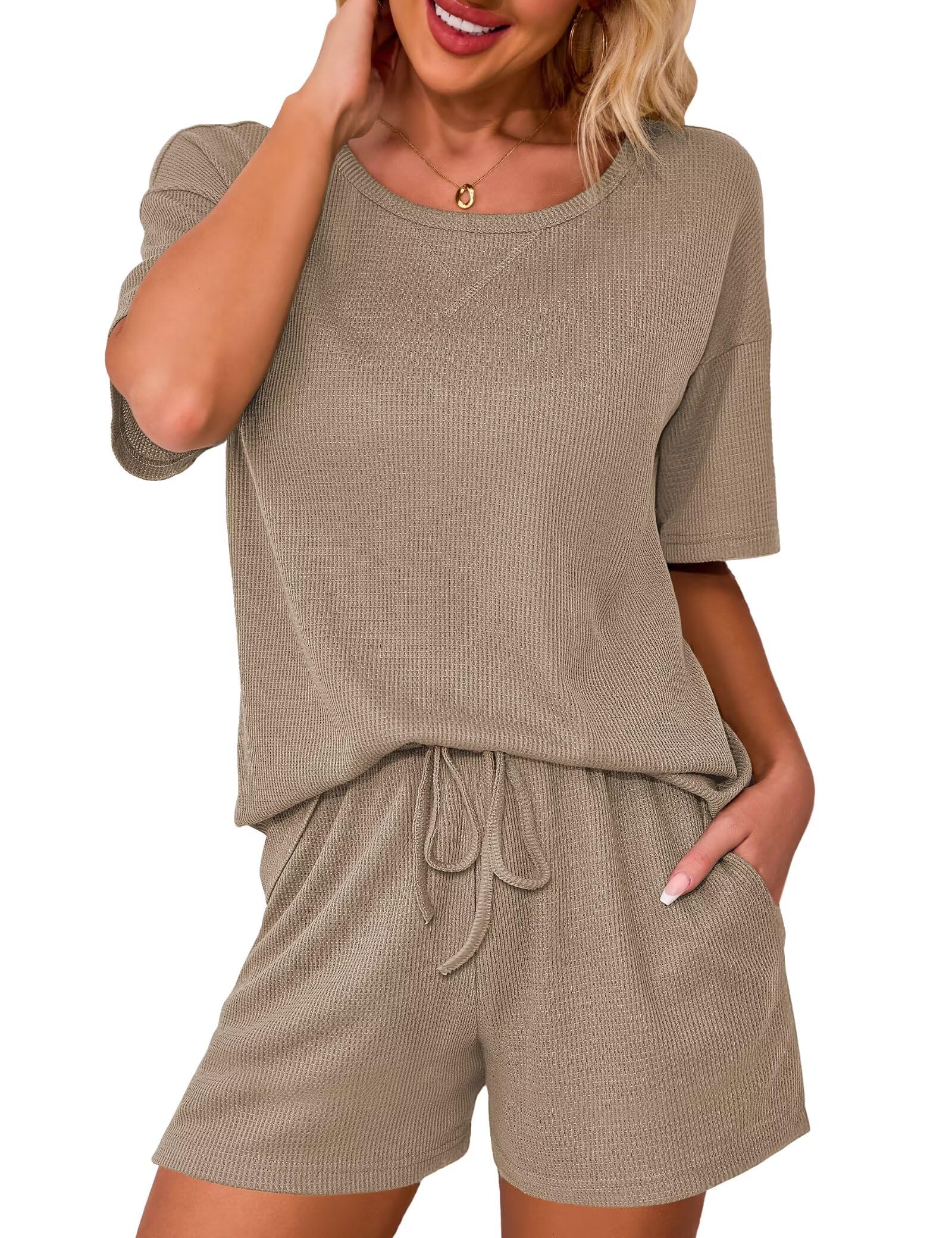 Photo 1 of Ahlaray Womens Plus Size Two Piece Sets Vacation Outfits Summer Lounge Wear Shorts Matching Sets, Khaki, 2XL