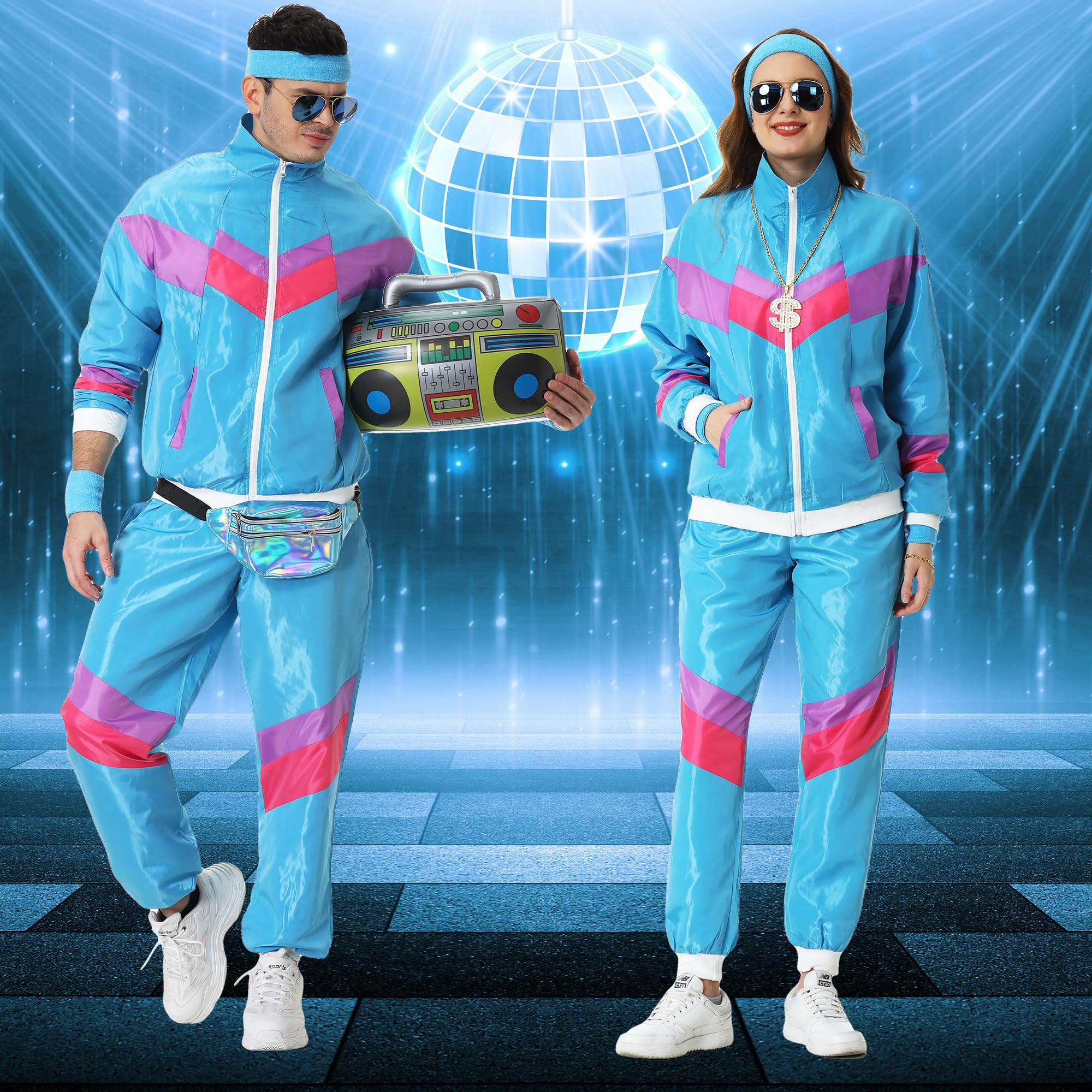 KUKIKUKI 80er/90er Jahre Outfit für Herren und Damen, Unisex Tracksuit Sportbekleidung, Streetwear Trainingsanzug Jogginganzug - Blau, 3XL 4