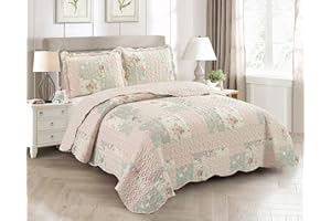 Brilliant Sunshine Rose and Sage Quilt Set, 3-Piece Bedding Sets, Traditional Patchwork Design, Washable and Reversible Bedspread, Soft Lightweight Coverlet, All-Season, Full/Queen, Light Pink Green