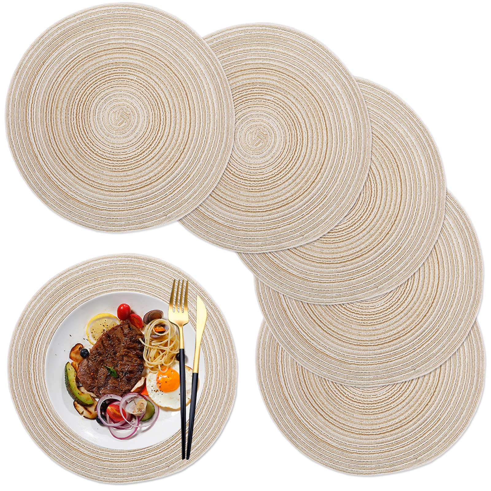maifey Round Placemats set of 6 for Dining Table, 14.17 Inch,Washable Heat Resistant Table Place Mats, Beige