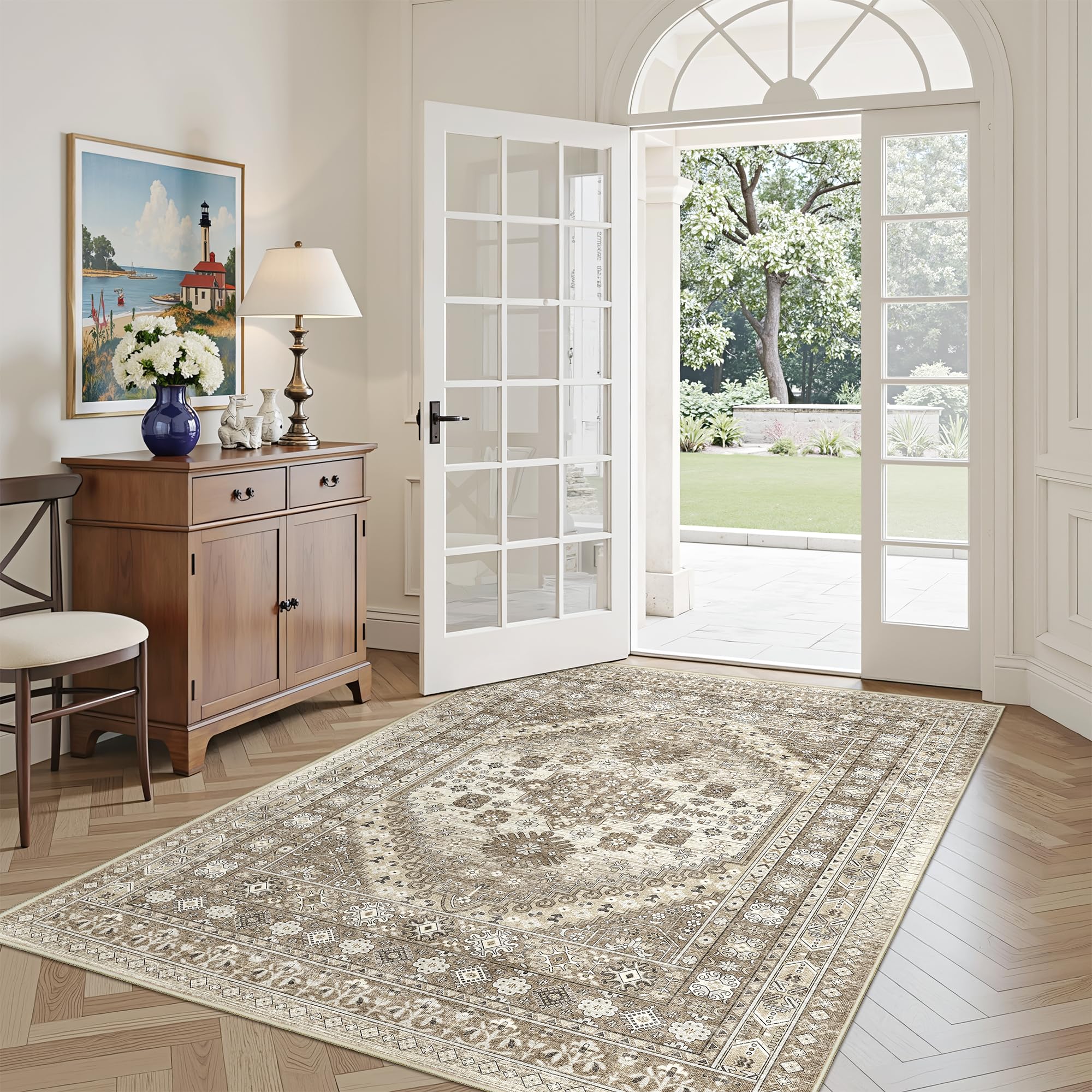 Restydon 3x5 Washable Area Rug for Entryway, Kitchen Rugs Non Slip for Dining Room, Vintage Floral Soft Living Room Rug, Thin Area Rug Indoor for Bedroom, Kids Room Decor(Brown,3'x5') Image