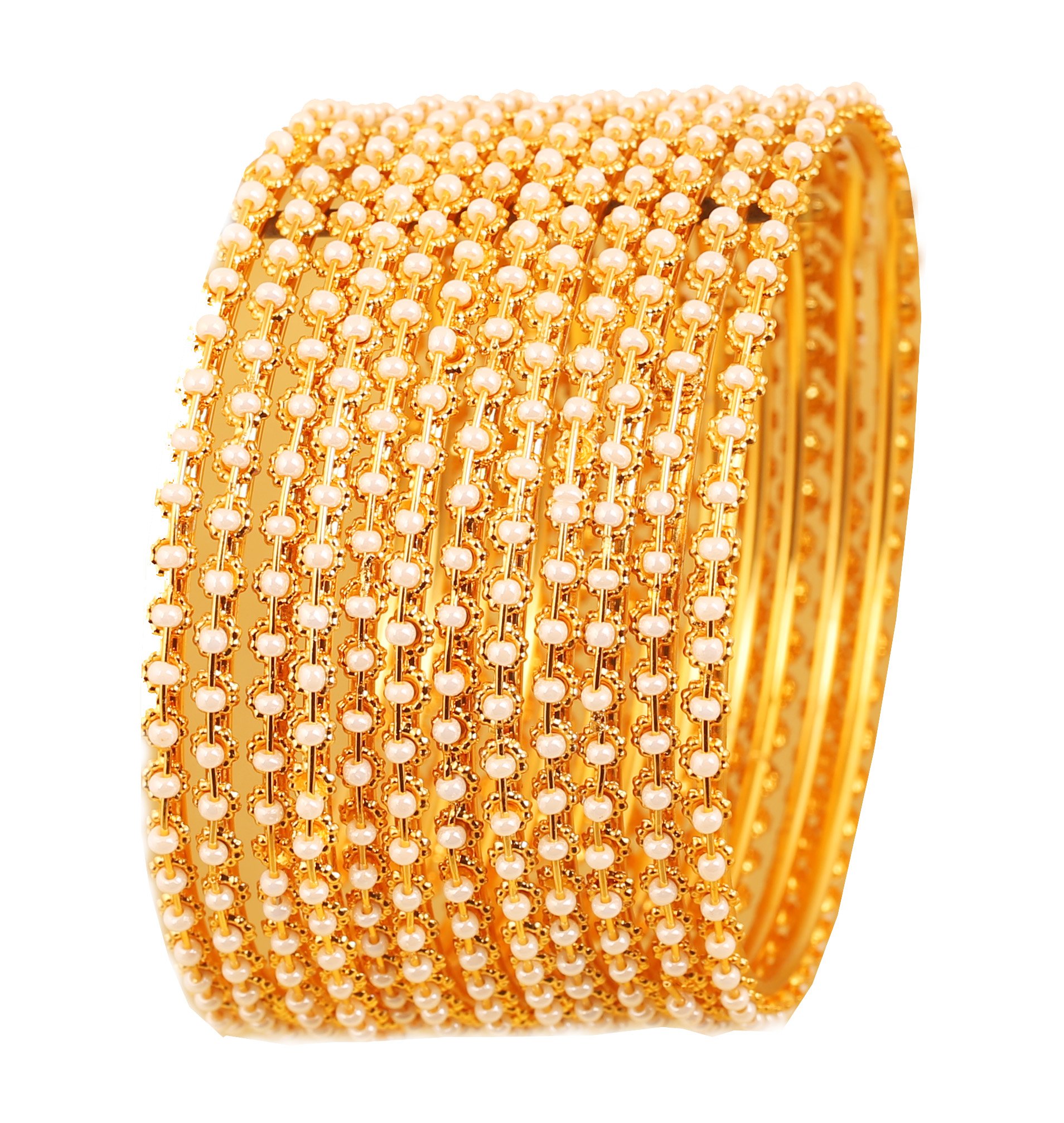Touchstone New Pearl Bangle Collection. Indian Bollywood Traditional and Exclusive Thin Designer Jewelry Bangle Bracelets Embellished with Faux Pearls. in Antique Gold Tone for Women.
