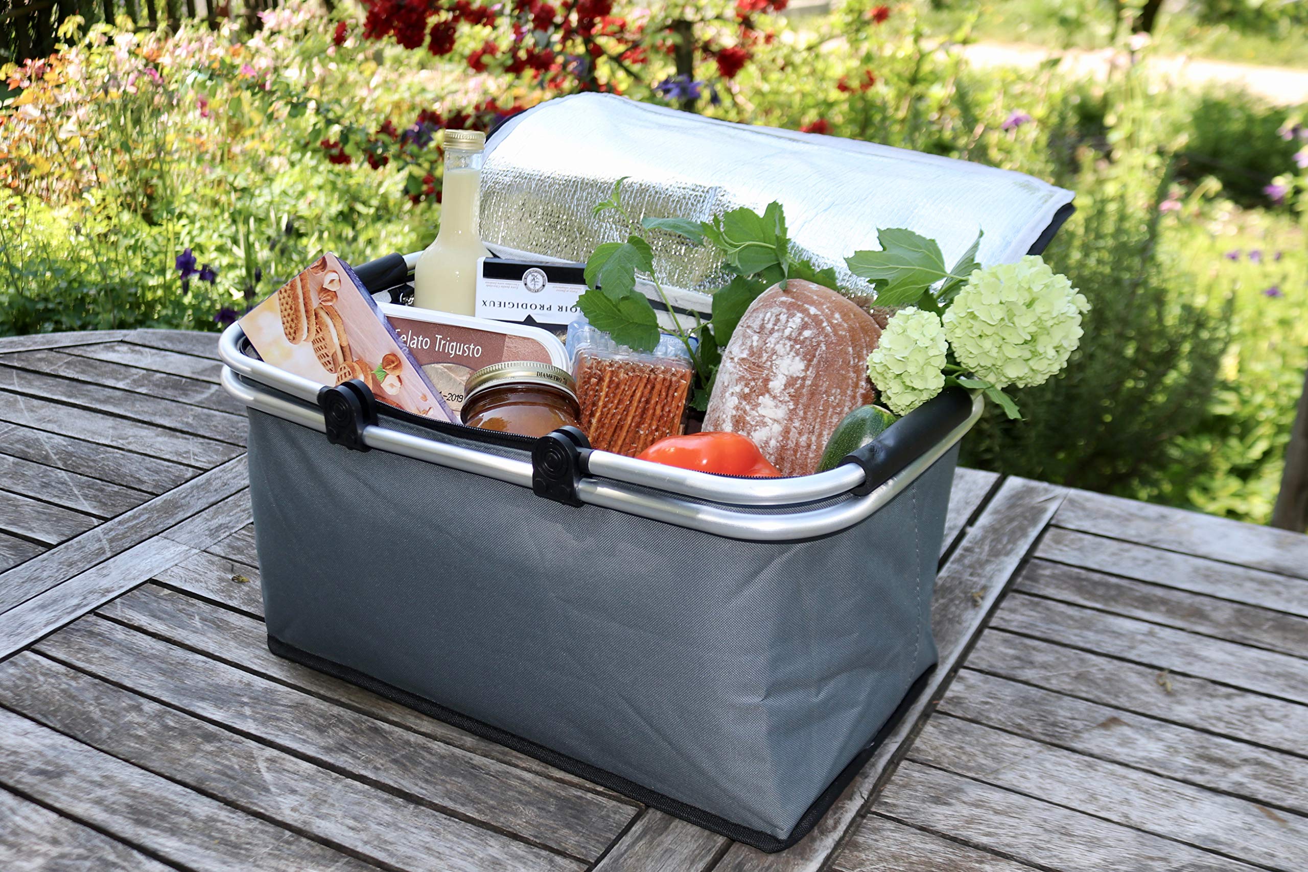 Panier de Course Isotherme, Solide, Pliable My Thermo Basket to GO, Corbeille pour Picnic ou Champignon en Tissu avec Doublure en Aluminium, Bag Lunch carrybag isolée pour épicerie, Gris Clair