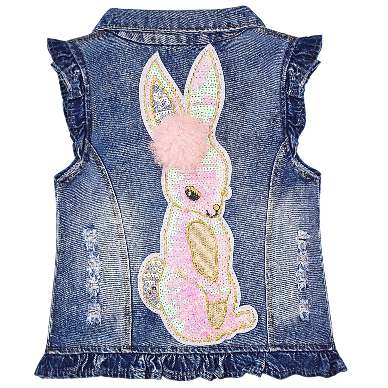Yao Little Girls Denim Vest Spring Autumn Sequins Bunny Vest Coat(Bunny,3-4y)