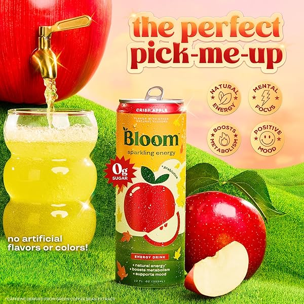 BLOOM NUTRITION SPARKLING ENERGY DRINK – NATURAL CAFFEINE, ZERO SUGAR, 180MG CAFFEINE – ANTIOXIDANT-RICH WITH GREEN COFFEE BEAN, GREEN TEA EXTRACT, PREBIOTICS – CRISP APPLE – 12OZ 12 PACK