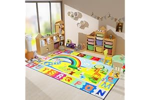 DETUM Kids Rug for Preschool 5x7 ABC Educational Rugs for Kids Learning,Numbers Colour and Alphabet Animal Playroom Rugs Elementary,Soft and Non-Slip Bedroom Rug for Todder Children Nursery,Yellow