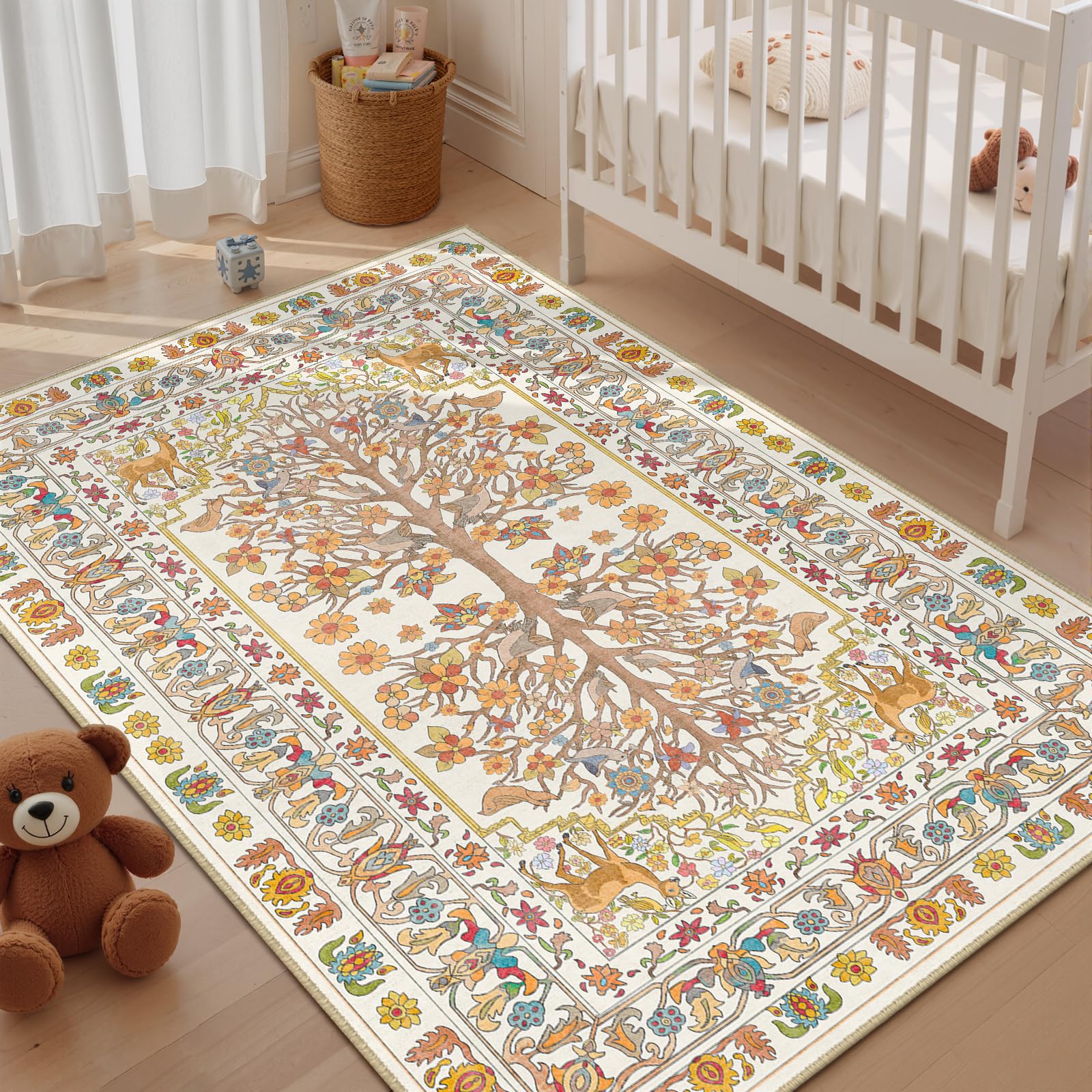 Photo 1 of BESTSWEETIE 5x7 Area Rugs Tree of Life-Patterned Washable Rug for Living Room Vintage Printed Low Pile Non Slip Indoor Soft Carpet for Farmhouse Bedroom Kitchen Room, Beige/Orange/Brown/Blue