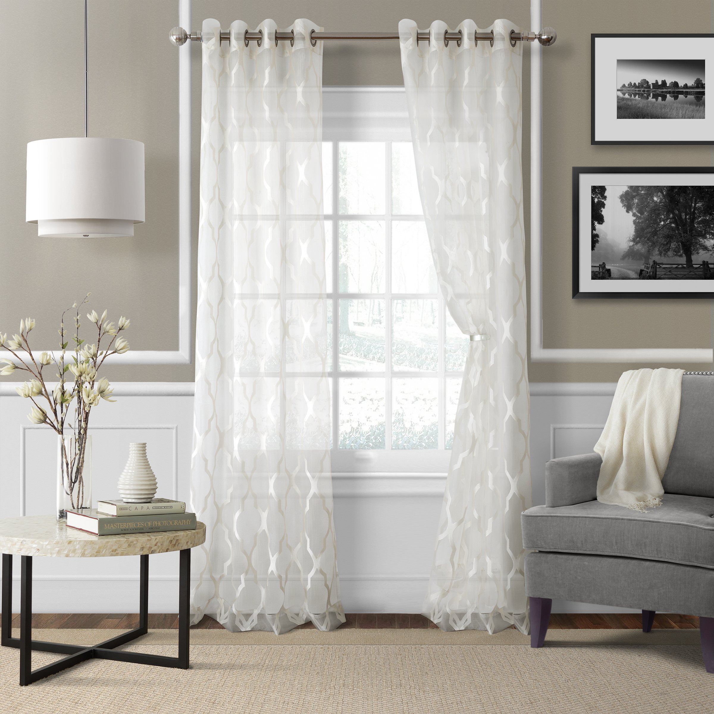 Elrene Home Fashions 26865853940 Grommet Sheer Ironwork Jacquard Woven Single Window Curtain Drape, White, Polyester, 52" x 95"(1 Panel)