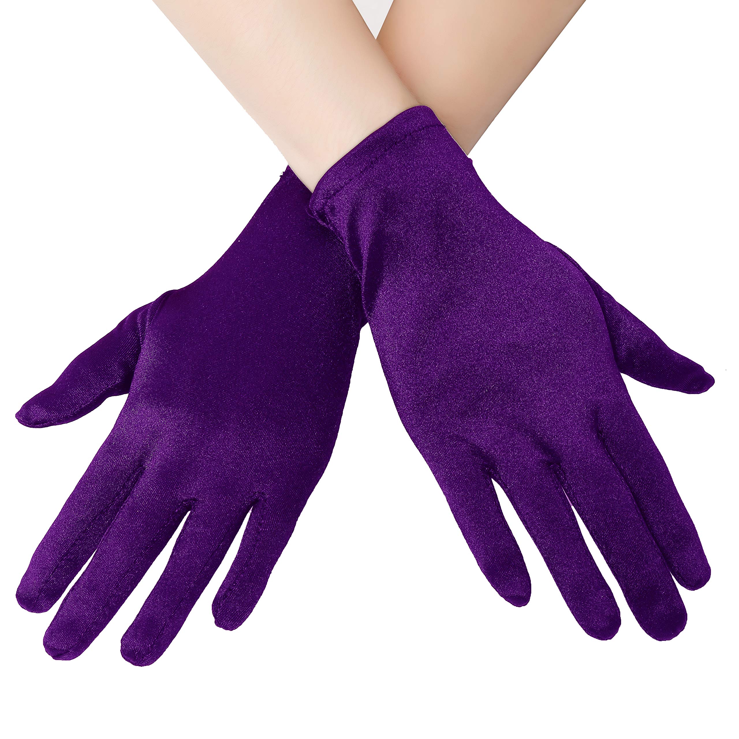 EORUBE Short Opera Satin Gloves for Women Wrist Length Banquet Gloves Tea Party Halloween Costume (Smooth 8.6" - Purple)