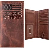 American Flag Long Wallet for Men - Western Wallets for Men with ‘IN GOD WE TRUST’ – Distressed Full Grain Leather – RFID Blocking Long Bifold Cowboy Wallet – Patriotic Christmas Gift (7 Inches)