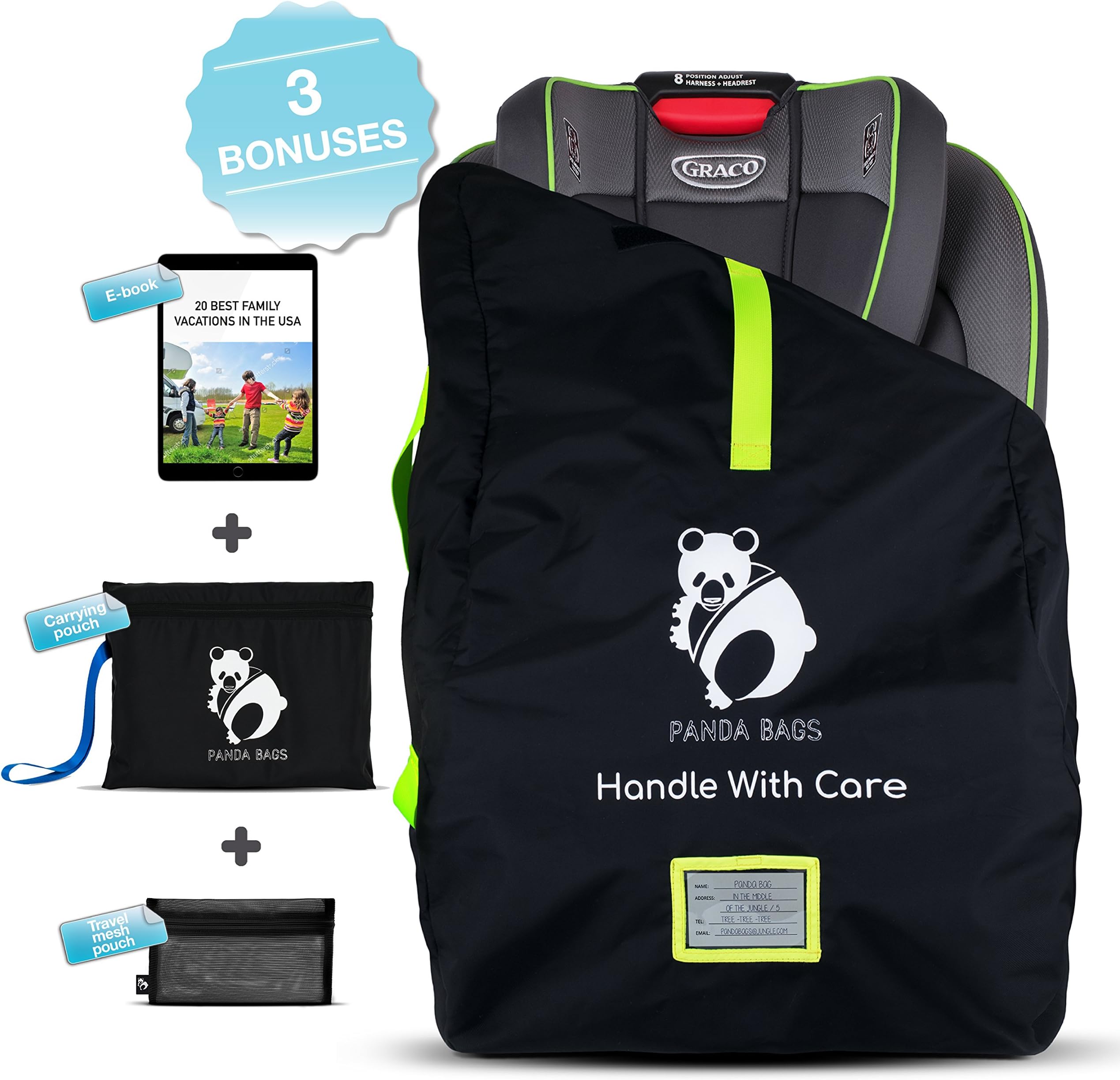 Car Seat Travel Bag by Panda Bags - Car Seat Protector for Infant and Child Car Seat With Double Padded Shoulder Straps For Easy Carry - Durable Car Seat Bag for Airport Gate Check + 3 Special Bonuses