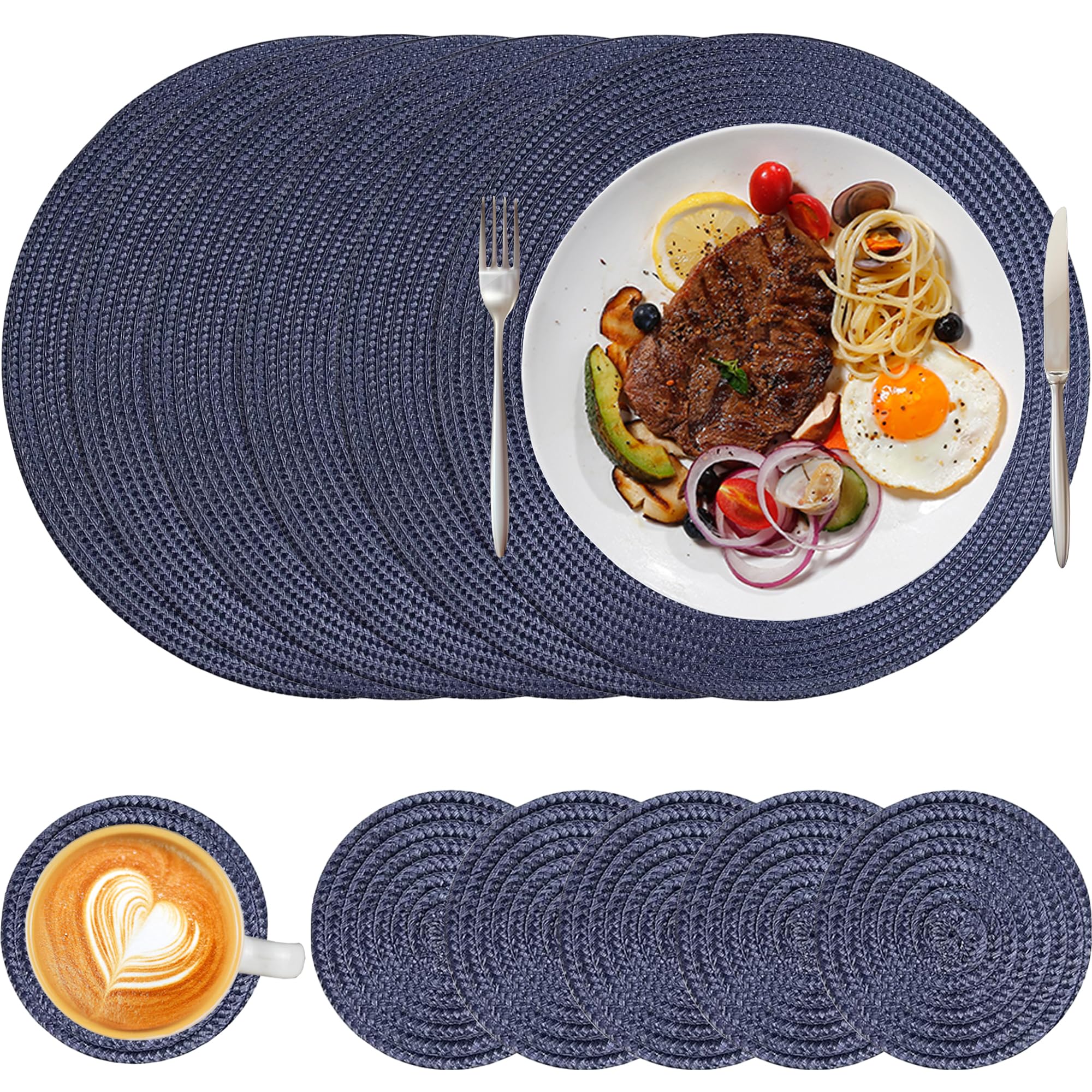 HNVNER Round Placemats and Coaster Set of 6, Woven Place Mats Washable Heat Resistant Table Mats for Dining Table, Navy Blue