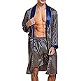 Mens Satin Robe Lightweight Silk Long Sleeve Bathrobe with Shorts Set Spa Kimono Sleepwear