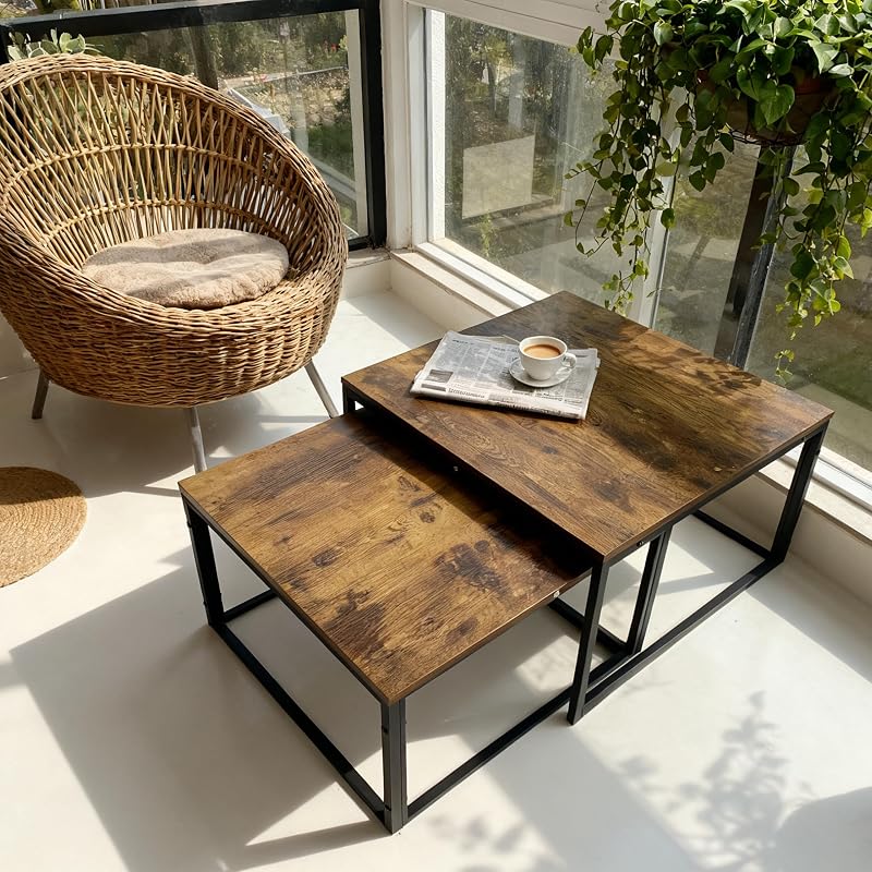 Conjunto de 2 mesas laterais, design industrial, 65/75 cm, Efeito Madeira e Metal, quadrado, castanho/preto