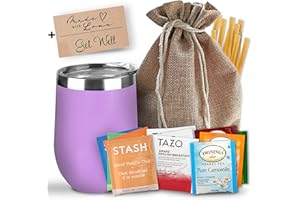 MERCATO DI BELLINA Bellina Tea Gift Baskets for Women and Men - Get Well Care Package - Insulated Cup, 20 Premium Teas, 10 Honey Straws, Gift Tag & Bag