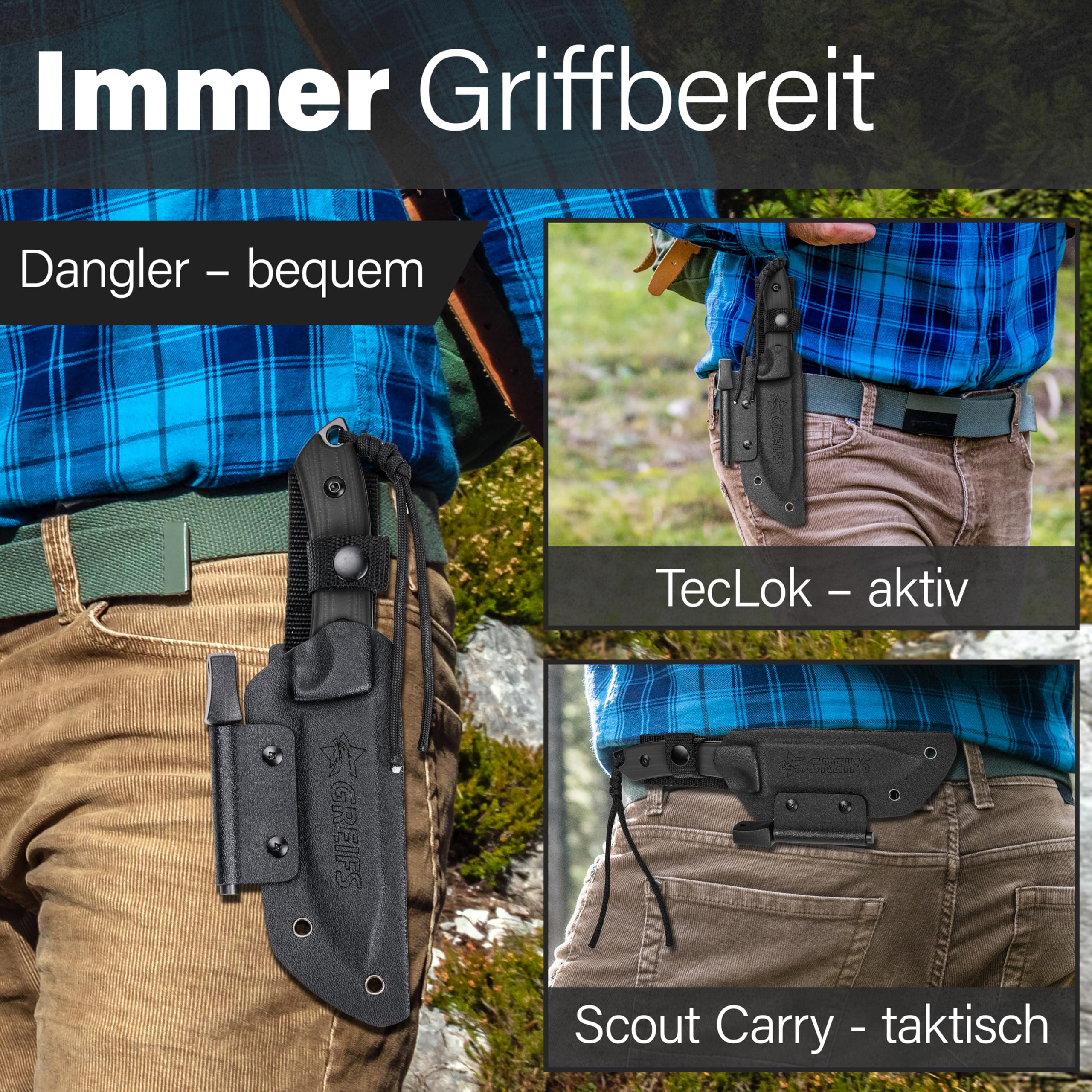 GREIFS® Outdoor-Messer aus D2 Stahl mit Kydex Holster und Feuerstahl, edles Survival Messer für die Bushcraft Ausrüstung, Jagdmesser, Schnitzmesser, Fahrtenmesser (Milan/Schwarz) 6