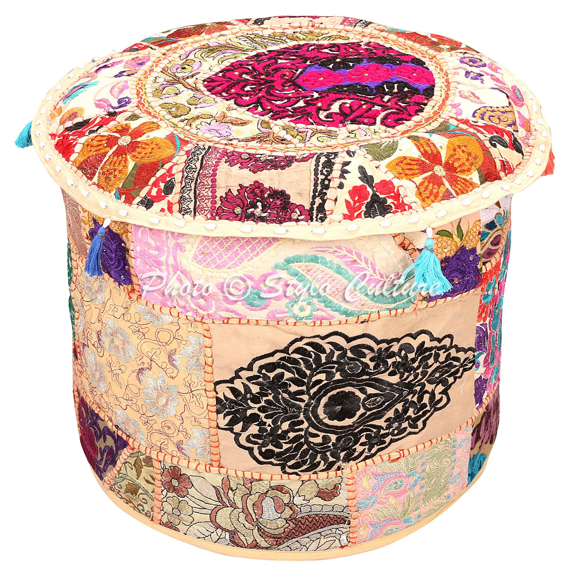 Stylo Culture Round Ottoman Pouffe Footstool Cover Beige Ethnic Embroidered Patchwork Cotton Traditional Ottoman Pouf Cover (16x16x13 Inch) 40cm (COVER ONLY)