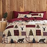 Wake In Cloud - Rustic Duvet Cover Set, Cabin Western Christmas Holiday Country Theme with Bear Deer Lodge Patchwork, Soft Lightweight Bedding, 3-Piece, Burgundy Brown, King Size