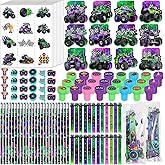 Cholemy 144 Pcs Monster Truck Party Favors Truck Party Supplies School Stationery Set Notebook Sticker Stamper Eraser Ruler Pencil Bag for Birthday Baby Shower Gifts Classroom Prize (Purple,Monster)