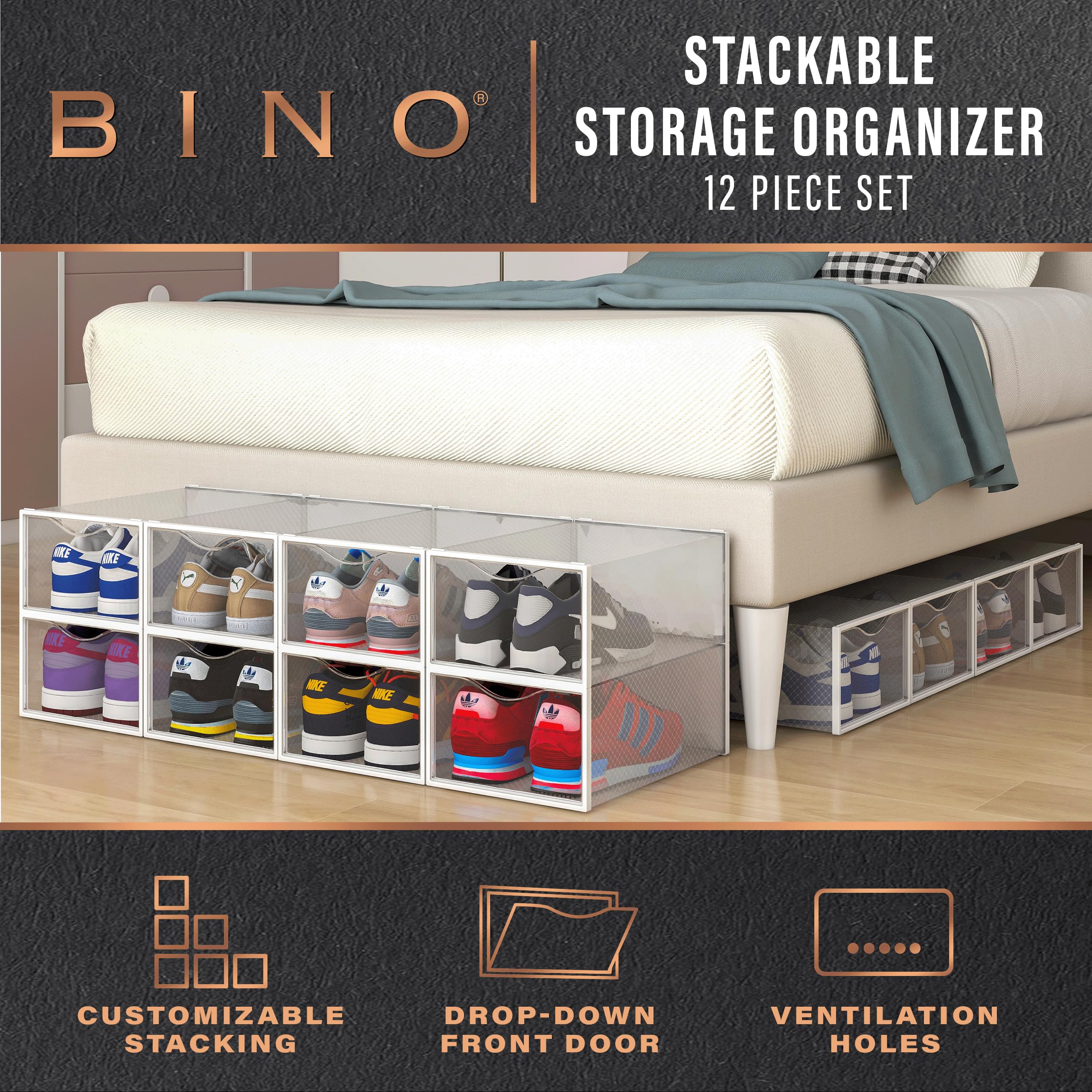 Mua BINO 12-Pack Plastic Stackable Shoe Box Set - Clear | Foldable Shoe ...