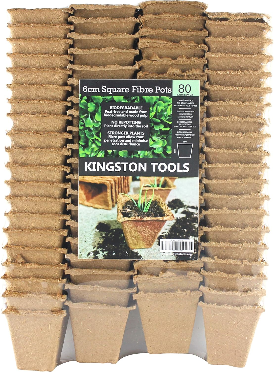 Kingston Tools Square Fibre Pots 6cm Gardening Pot, Peat-Free Biodegradable Wood Pulp, Ideal for Seeds Seedlings and Cutting