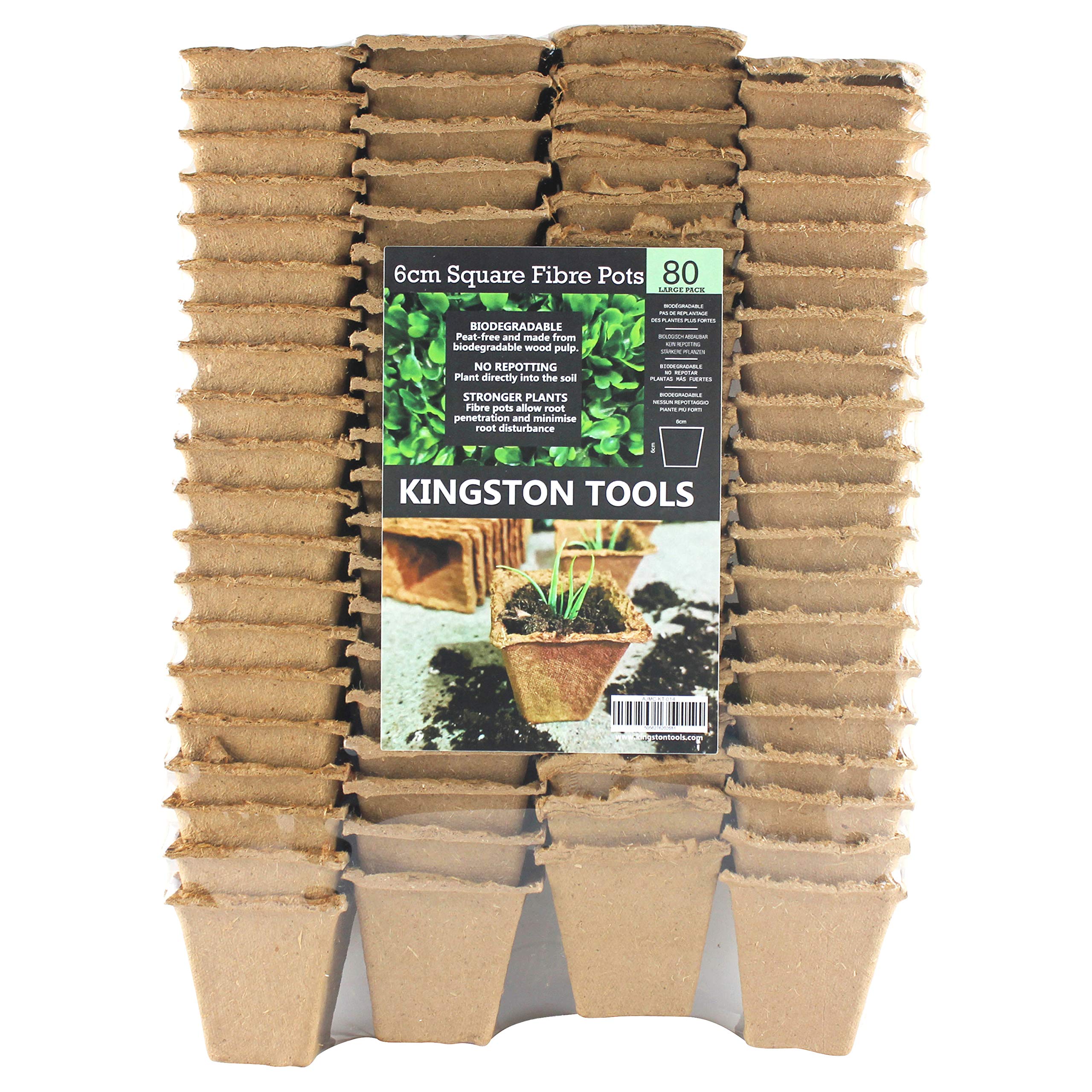 Kingston Tools Square Fibre Pots 6cm Gardening Pot — Peat-Free Biodegradable Wood Pulp — Ideal for Seeds, Seedlings and Cutting — Available in 20-Pack and 80-Pack (80-Pack)